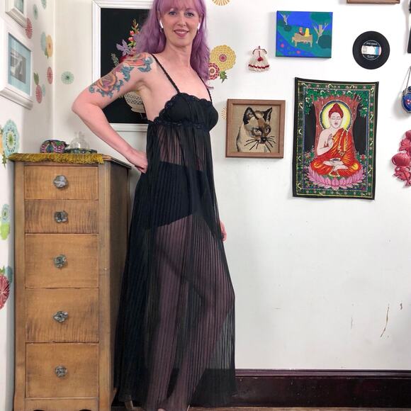 Vintage Black Chiffon Nightgown, Sheer Accordion Pleat Nightie Sz Small - Picture 2 of 12